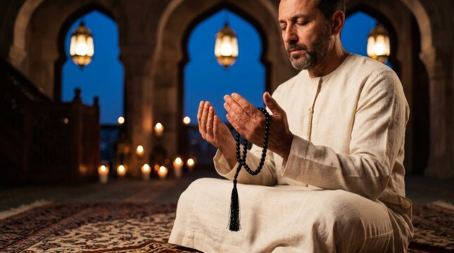 Muslim Man Praying With Prayer Beads Inside Mosque At Dusk