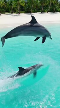 Two dolphins jumping in tha water 
