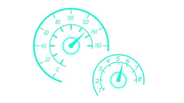 Speedometer and tachometer gauge dials showing motion speed and automotive control animation