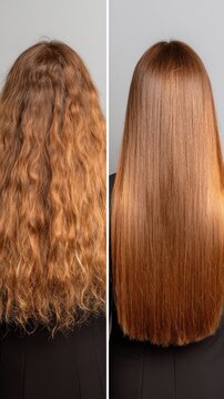 Split screen showing long reddish hair before and after straightening treatment against a gray background.