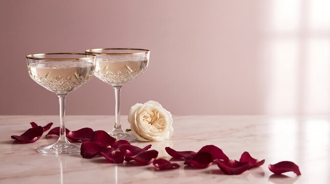 Champagne Coupes and Rose Petals Arranged on a Marble Surface, Evoking Celebration and Luxury with Elegance and Romance.