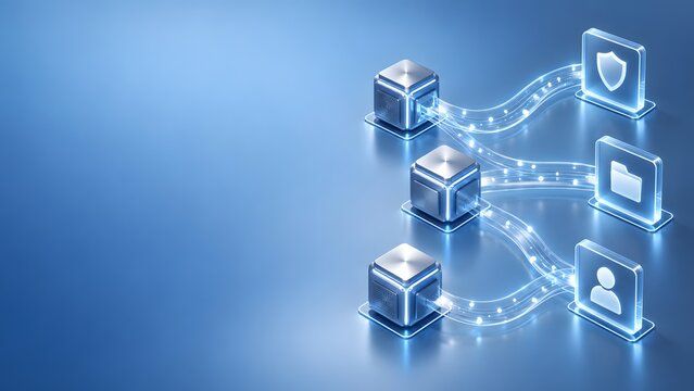 Decentralized digital network cubes with glowing data streams representing secure blockchain information infrastructure