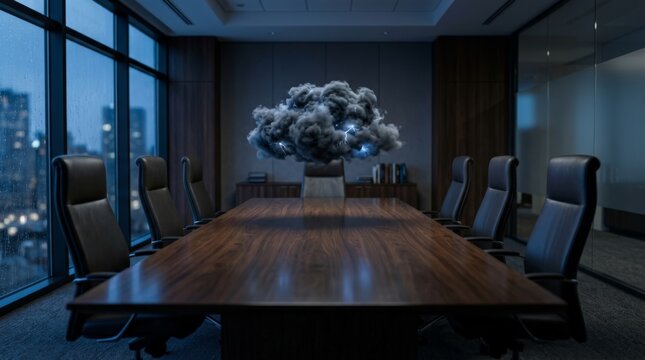 A stormy rain cloud with lightning floats above a long boardroom table surrounded by office chairs, embodying the concept of burnt matches row burnout, underscoring the storm cloud