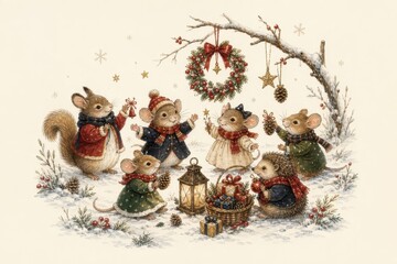 Obraz premium Whimsical woodland animals celebrating cozy winter holiday cheer
