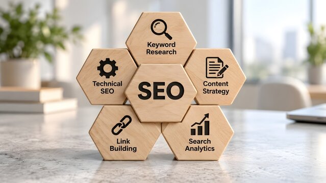 SEO Wooden Hexagon Blocks Structure Keyword Research Content Strategy Technical Link Analytics
