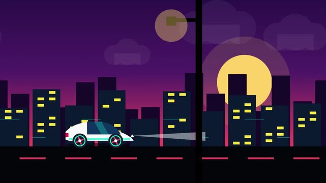 A sleek modern car moving past tall buildings under a glowing moon in a minimalist flat design vector animation. Perfect for urban mobility and future transport concepts.