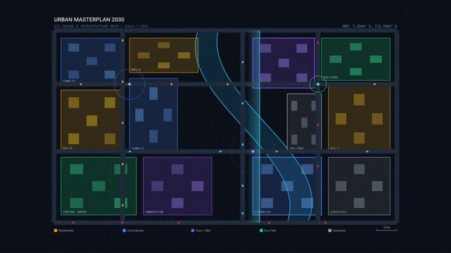 A high tech digital urban masterplan animation showing a smart city infrastructure grid with data visualization scanners and zoning overlays for futuristic development planning.