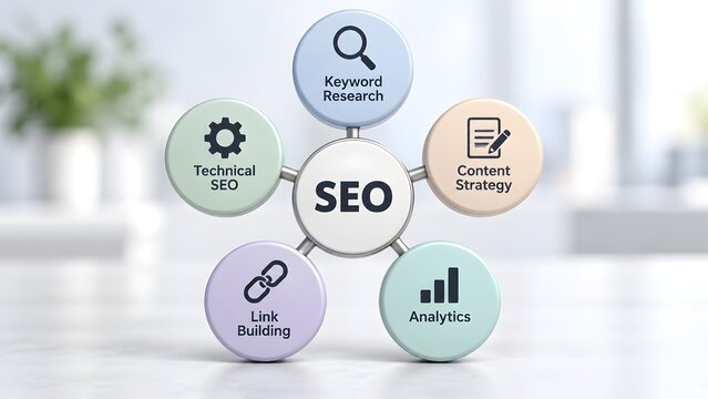 SEO Circular Infographic Diagram Keyword Research Content Strategy Technical Link Analytics