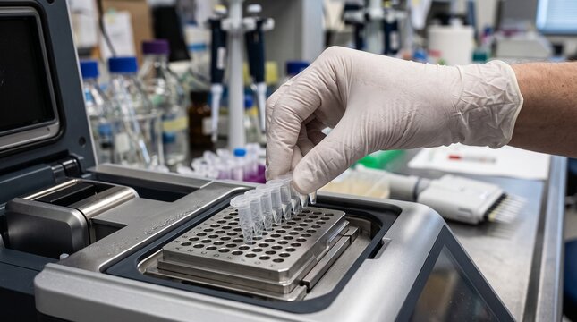 laboratory professional loading sterile sample strip into automated thermal cycler for pcr analysis