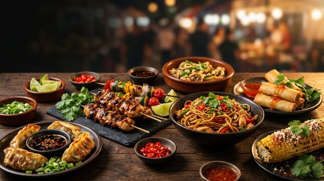 Variety of colorful and flavorful tapas dishes displayed on a dark wooden table
