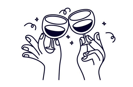 Vector simple minimal linear style illustration with sketch hands holding wine glasses, celebration and party vibe, invitation design element, banner, template
