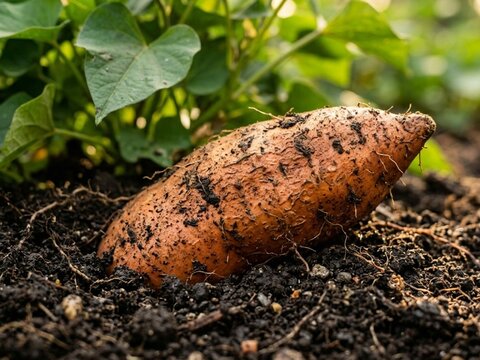Fresh sweet potato partially buried in soil with green leaves.