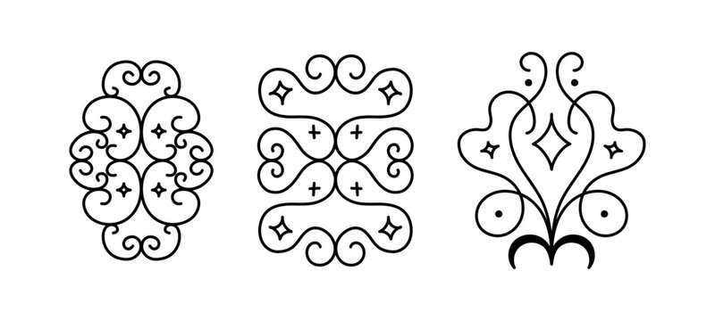 Ornate Vintage Vector Flourish Collection with Symmetrical Decorative Frames, Curled Scrollwork, Filigree Motifs and Sparkle Details for Branding, Wedding Invitations, Packaging and Luxury Stationery