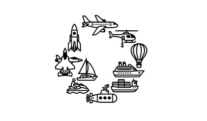 Obraz premium Air and Water Transport Thick Outline Icon Set 