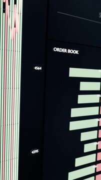 Vertical video: Panning camera revealing market monitor at desk, with order book and FX tiles