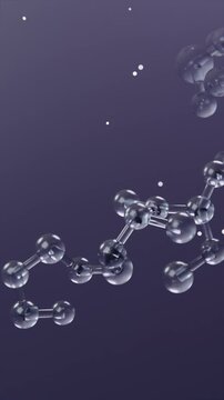 Vertical video: Rotating shiny molecule descending in purple space, camera zooming to reveal atoms