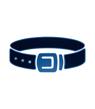 Blue glossy belt icon featuring a leather strap with metallic buckle and sizing eyelets clothing accessory isolated on a transparent background