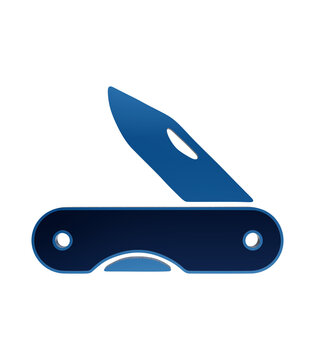 Blue glossy pocket knife icon featuring a folding multi tool with open blade and rivets isolated on a transparent background