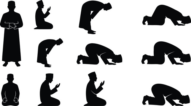 Set of black silhouettes of a man in traditional clothing performing various steps and poses of islamic prayer with silhouette