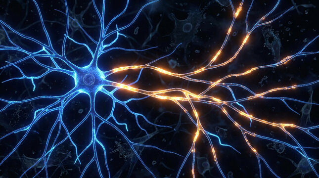 Neuron network transmitting electrical impulses with glowing