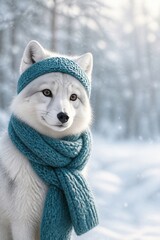 Obraz premium Adorable arctic fox wearing teal scarf snowy winter forest