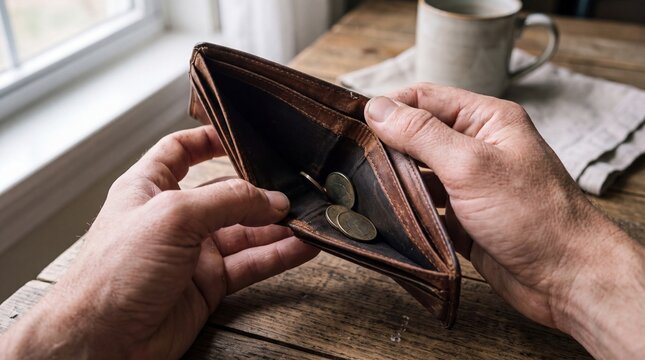 Hands opening worn leather wallet with only a few coins
