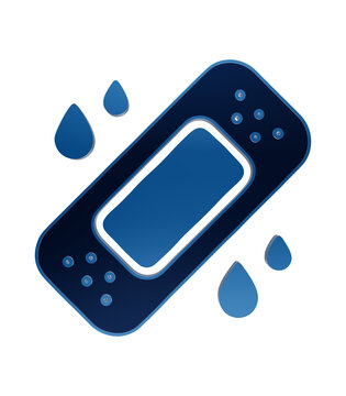 Blue glowing medical adhesive bandage plaster icon symbol with water drops on dark background, first aid isolated on a transparent background