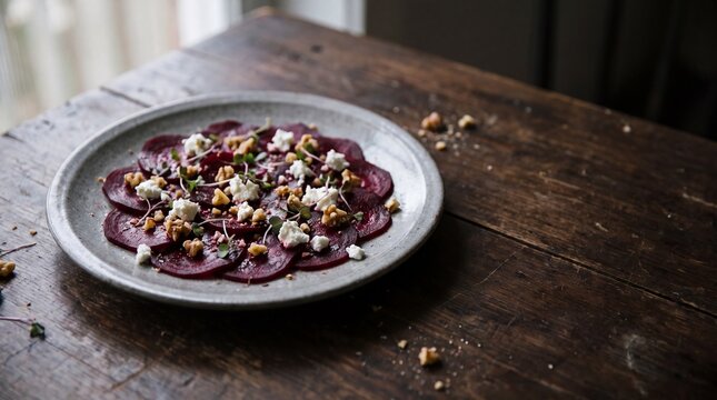 Beetroot carpaccio with goat cheese and walnuts on grey plate