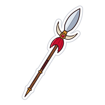 Fantasy Ares war spear weapon with boar tusks and red plume, flat vector illustration, die-cut sticker design on transparent background