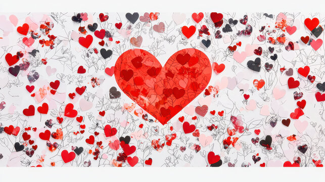 Colorful heart design with various red and pink hearts on floral background, expressing love and affection