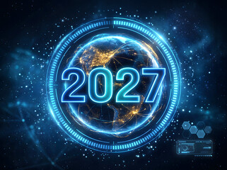 Fototapeta premium Futuristic glowing digital portal with 2027 text and planet Earth in a technology network concept for the upcoming new year