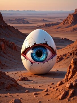 Surreal Egg with Eye in Desert Landscape