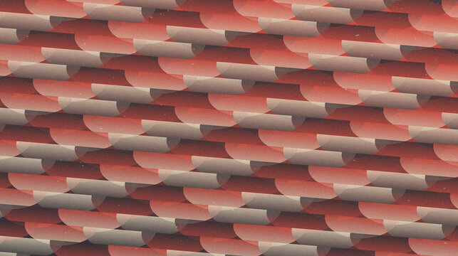 Red and orange constructivist scales with coarse grain, curved geometry, and a repeating speckled texture for an abstract decorative background