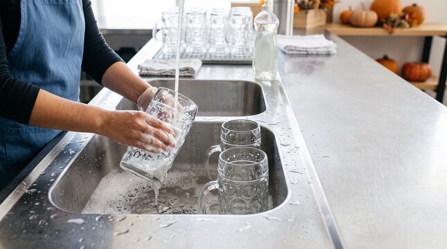 Person cleaning beer steins at a kitchen sink  