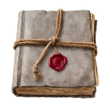 Vintage spellbook tied with rope and red wax seal isolated on white background, ancient grimoire magic book tome object