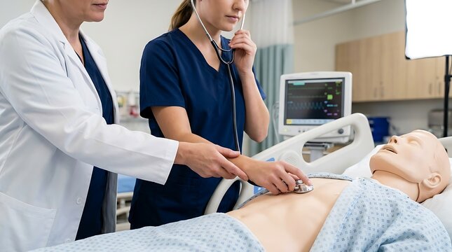 Doctor instructing young nurse on proper stethoscope placement on chest of patient simulation dummy during medical class in clinical skills center training room.