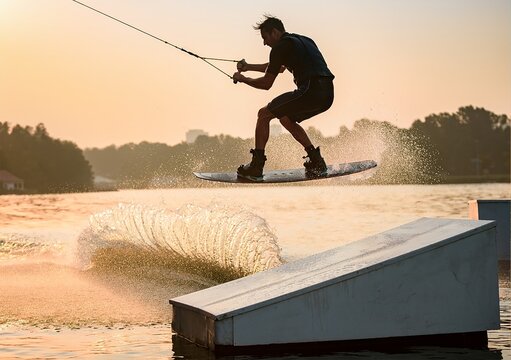 Dynamic male wakeboarder jumping high off a ramp with water splashes on a calm lake during a beautiful golden sunset, or extreme water sports active summer lifestyle concept.