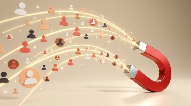 Red horseshoe magnet attracting stylized people icons with glowing light trails symbolizing customer acquisition and lead generation for business growth strategy.