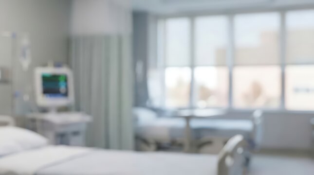 Hospital room interior blurred photo featuring empty beds and medical monitoring equipment in a modern healthcare facility setting with natural light coming from large windows for medical background