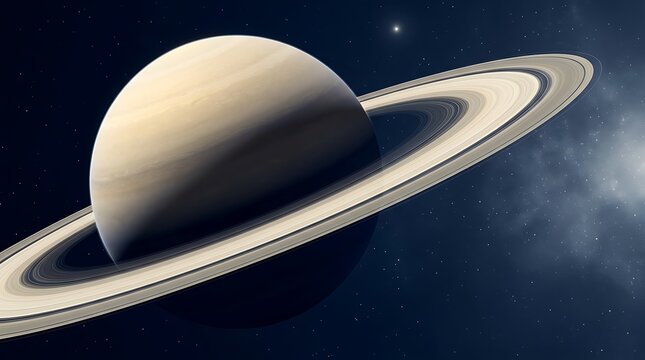 Planet Saturn with prominent rings in deep space, cosmic celestial body with gas clouds and stars, astronomical object for science and education.