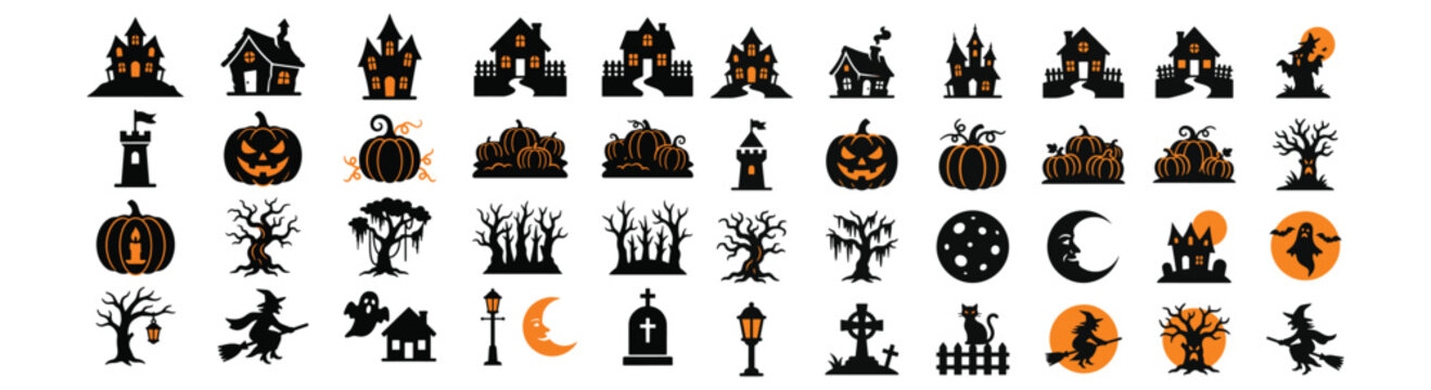 Halloween Icon Set of Haunted Houses, Pumpkins, Witches and Spooky Silhouettes