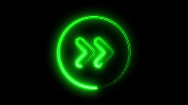Neon green fast forward icon animation glowing on black background digital interface symbol for speed progress advancement