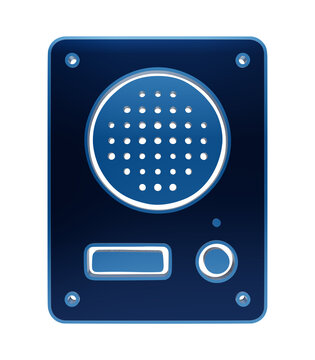 Blue glowing neon icon of an electronic intercom or security panel with speaker grille and button on black isolated on a transparent background