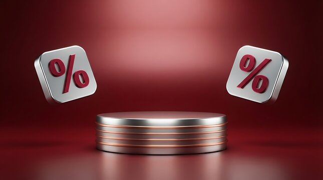 3d percentage symbol coins stack with floating icons on red gradient background