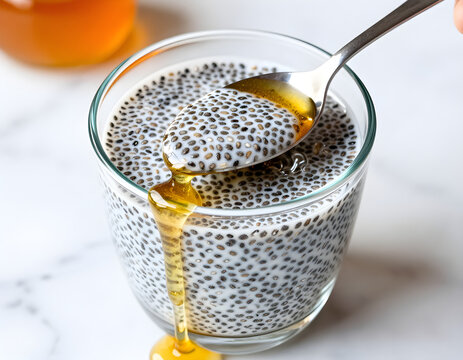 A spoonful of chia pudding with a drip of honey sliding down the side