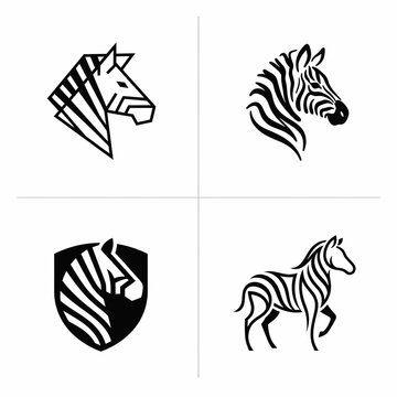 Set of black and white zebra head and body icons in geometric and line art styles