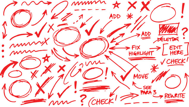 Hand drawn red editing and proofreading marks, arrows, circles, check marks and correction symbols