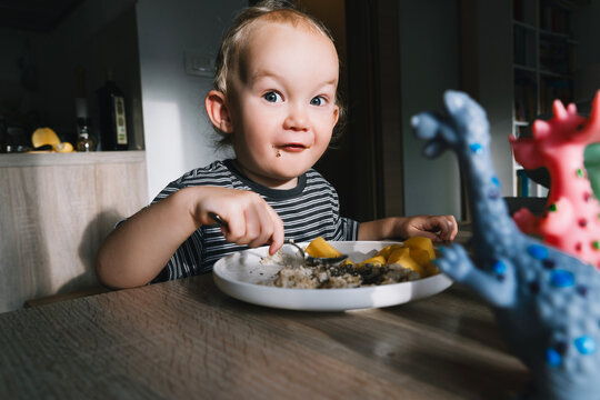 Cute toddler boy eats porridge with mango while playing with colorful toy dinosaurs at a home dining table. Authentic childhood lifestyle concept showing playful everyday mealtime moments.