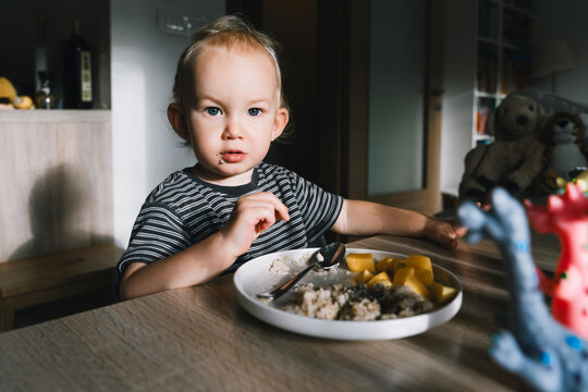 Cute toddler boy eats porridge with mango while playing with colorful toy dinosaurs at a home dining table. Authentic childhood lifestyle concept showing playful everyday mealtime moments.