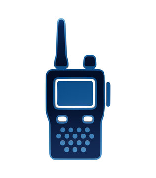 Glossy blue walkie talkie radio icon featuring handheld transceiver with antenna and keypad two way radio isolated on a transparent background